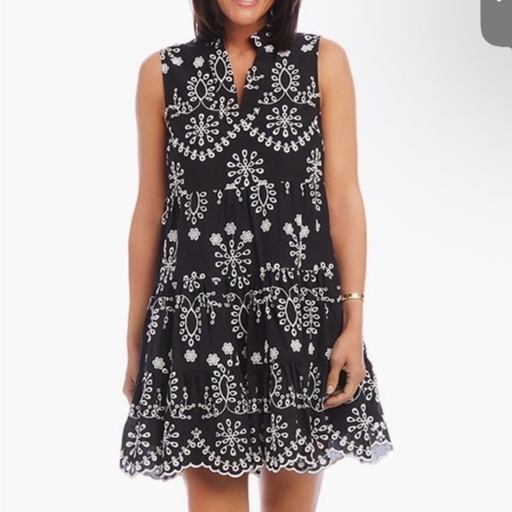 Karen Kane Eyelet Embroidered Sleeveless Tiered Cotton Dress Black and White XS